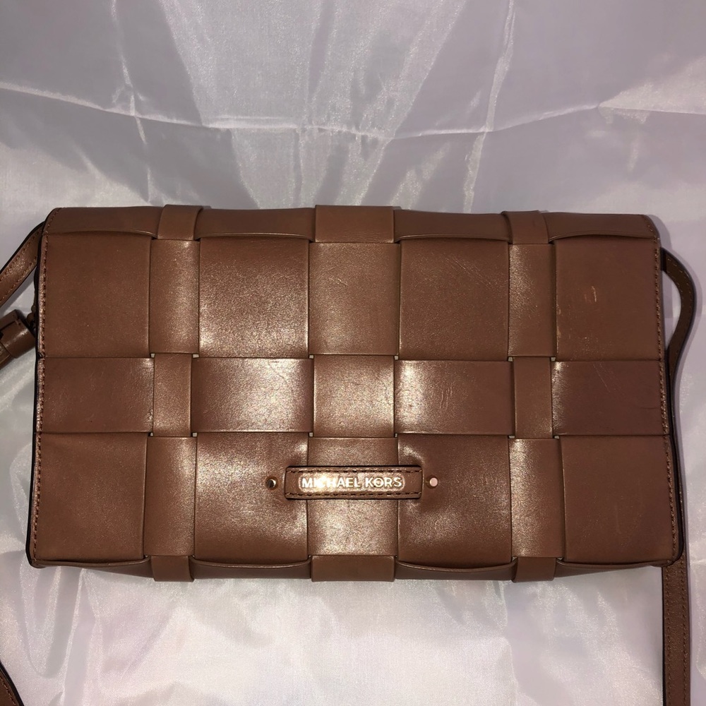 Michael Kors Vivian walnut woven leather clutch.